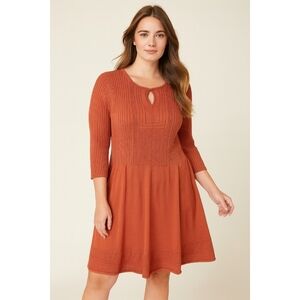 OLIVE & OAK Rust Orange Scoop Neck Knit Midi Dress, 3/4 Sleeve, Stretchy, Fall